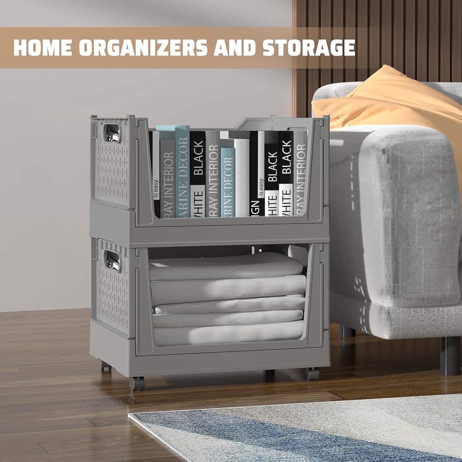 Stackable Plastic Storage Bins, 3 Pack Foldable Closet Organizers and Storage Basket with Wheels, Collapsible Drawer Shelf Storage Box Container for Office Bedroom Closet Wardrobe Kitchen Bathroom