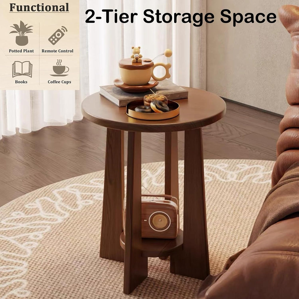 YUNMUAIR-Round Wood End Table with 2-Tier Storage,15.75" Dia Small Accen...