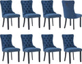 Modern Dining Chairs Set of 8, Tufted Upholstered Dining Chairs with Solid Wood Legs, Blue Linen Fabric Kitchen Chair, Sillas de Comedor, Comfy Kitchen Chair (Blue, Linen, 8Pcs)