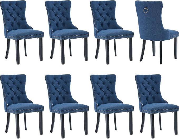 Modern Dining Chairs Set of 8, Tufted Upholstered Dining Chairs with Solid Wood Legs, Blue Linen Fabric Kitchen Chair, Sillas de Comedor, Comfy Kitchen Chair (Blue, Linen, 8Pcs)