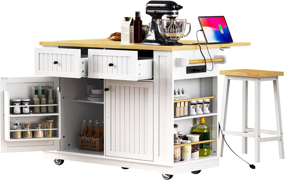 48" Kitchen Island with Drop Leaf, Power Outlet and Wheels | Drop Leaf E...