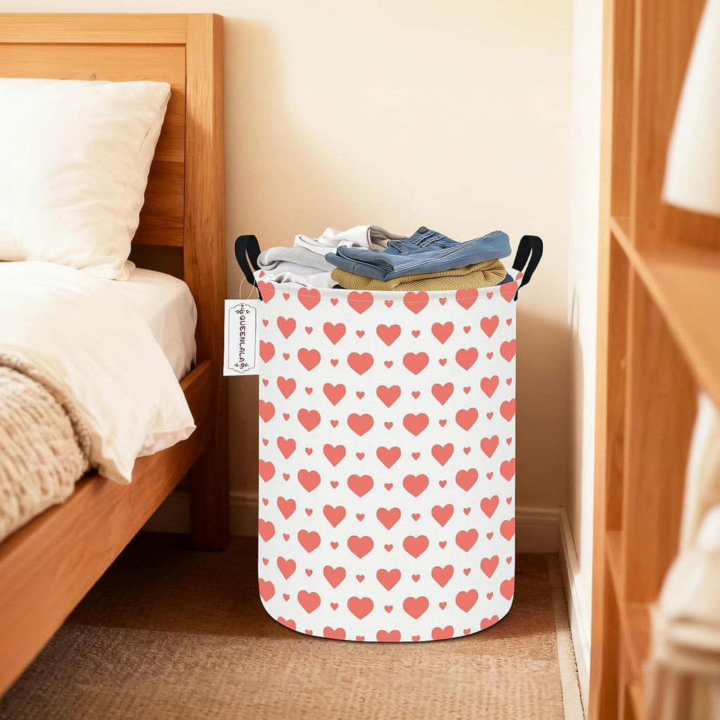 QUEENLALA Large Foldable Round Storage Basket Laundry Hamper, Pink Heart | 19.7"H x 15.15"D, waterproof & easy wipe. Folds flat to save space. Ideal for bedroom, bathroom, closet