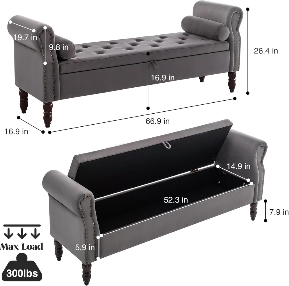 67" End of Bed Storage Bench King Size, Storage Bench for Bedroom, Velve...