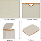 100L Laundry Hamper with Lid, Lagre Basket with Bamboo Handles,Foldable Clothes Hamper Tall Dirty Laundry Basket for Clothes Toys Towels Organizing,Beige