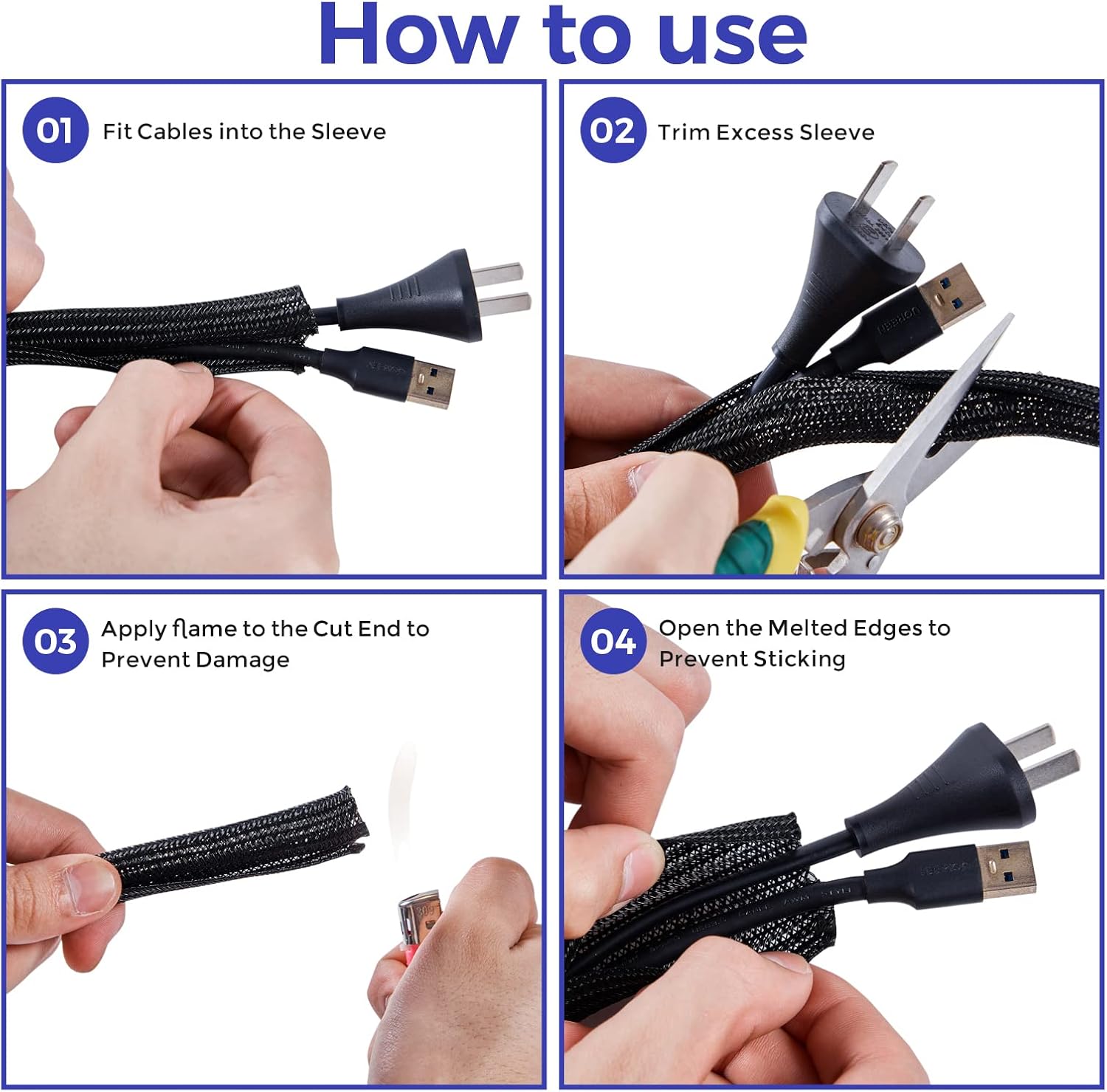 Cable Management Sleeves 1.5in - 2 Pack 4.1ft Split Braided Cable Sleeve White, Wire Organizers for Cords, Hard PE Cord Protectors from Pets, Flexible Cord Wrap Wire Sleeve for Computer Cord Organizer