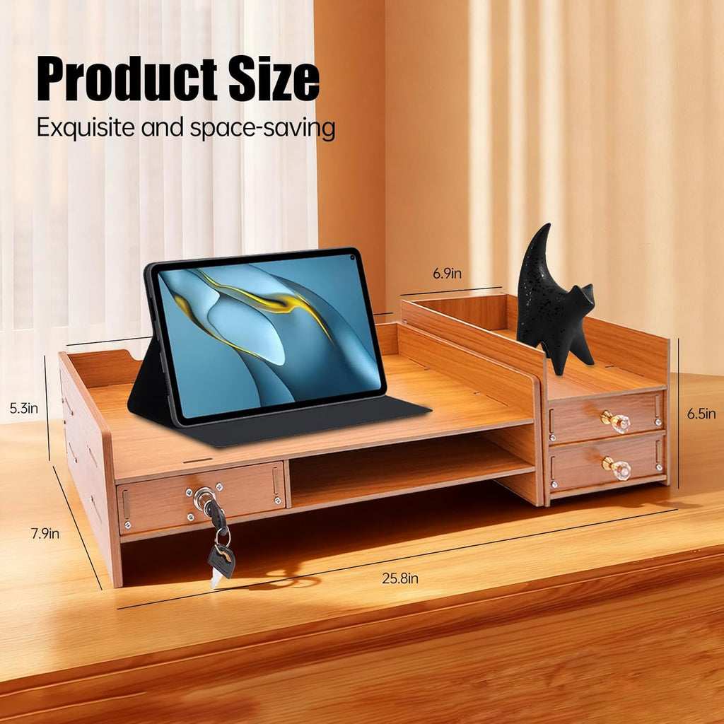 Wood Monitor Stand Riser with 3 Drawers & Lockable Storage – Desktop Organizer for Computer, Laptop, and Office Supplies, Ergonomic Monitor Stand for Desk, Workspace Organizers & Accessories