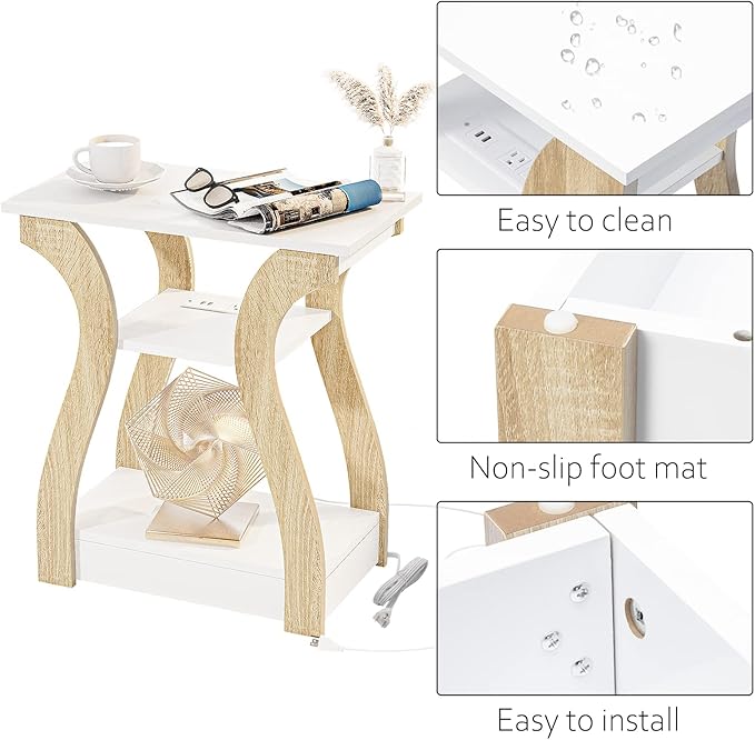 End Table with Charging Station, Side Table with USB Ports and Outlets, Night...