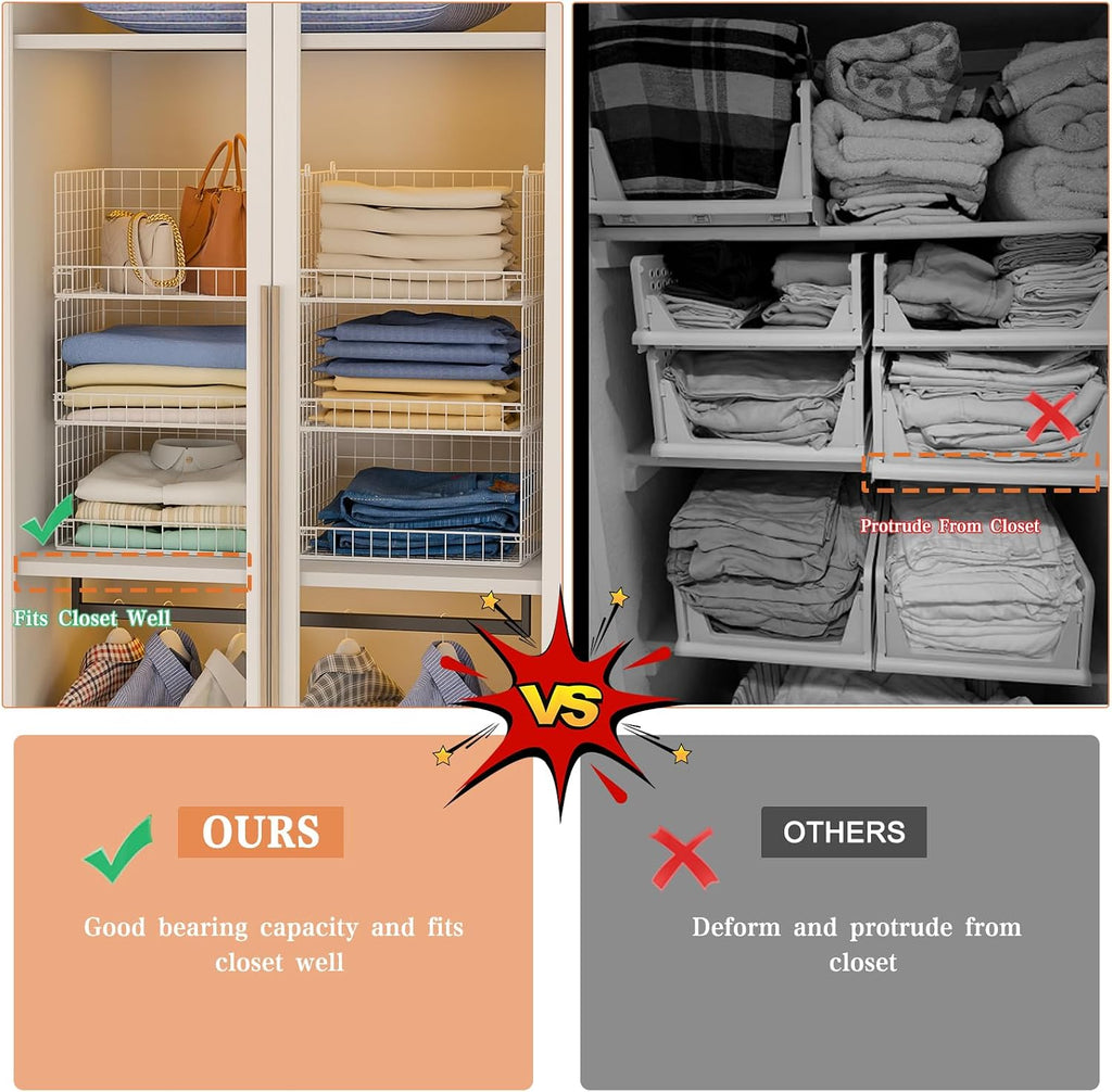 Yociyoga 6-Tier Stackable Closet Organizers and Storage Shelves, Closet Shelf Organizer Basket Bins, Foldable Sweater Storage for Clothes Organizer System, White（Patent No. 30022416）