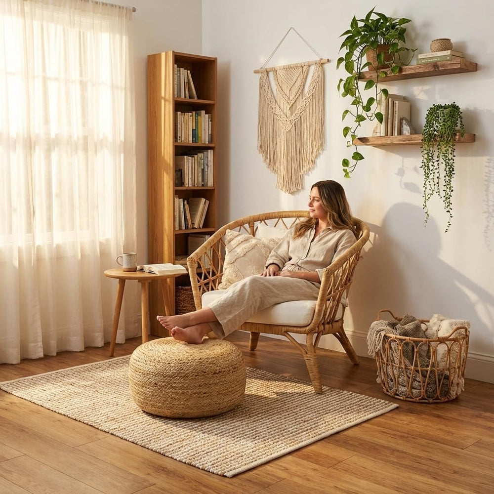 · REDEARTH · Jute Circular Low Pouf Ottoman - Boho Foot Stool - Natural | Jut...