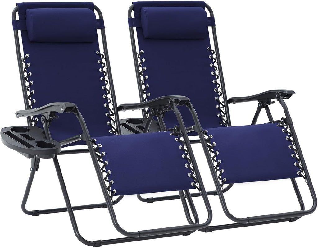 JEAREY Oversized Zero Gravity Lounge Chairs Set of 2, Adjustable Steel Mesh Recliners with Pillows and Cup Holder Trays for Patio, Garden, Beach, Navy Blue