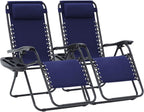 JEAREY Oversized Zero Gravity Lounge Chairs Set of 2, Adjustable Steel Mesh Recliners with Pillows and Cup Holder Trays for Patio, Garden, Beach, Navy Blue