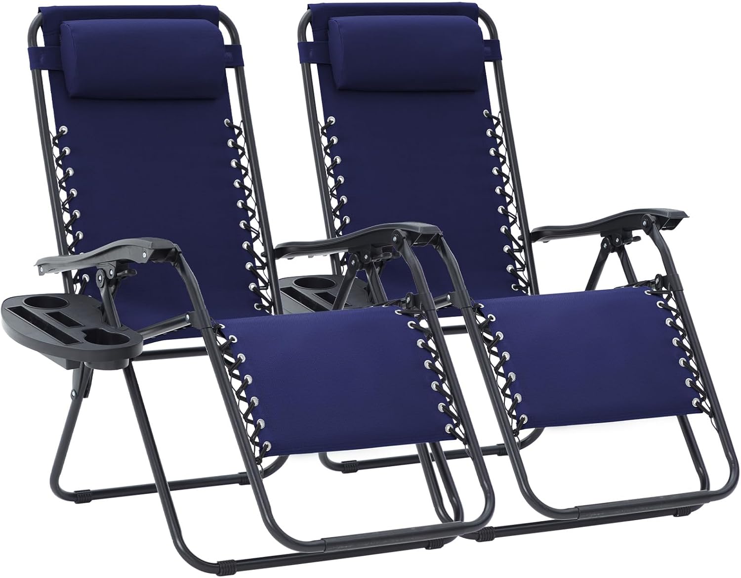 JEAREY Oversized Zero Gravity Lounge Chairs Set of 2, Adjustable Steel Mesh Recliners with Pillows and Cup Holder Trays for Patio, Garden, Beach, Navy Blue