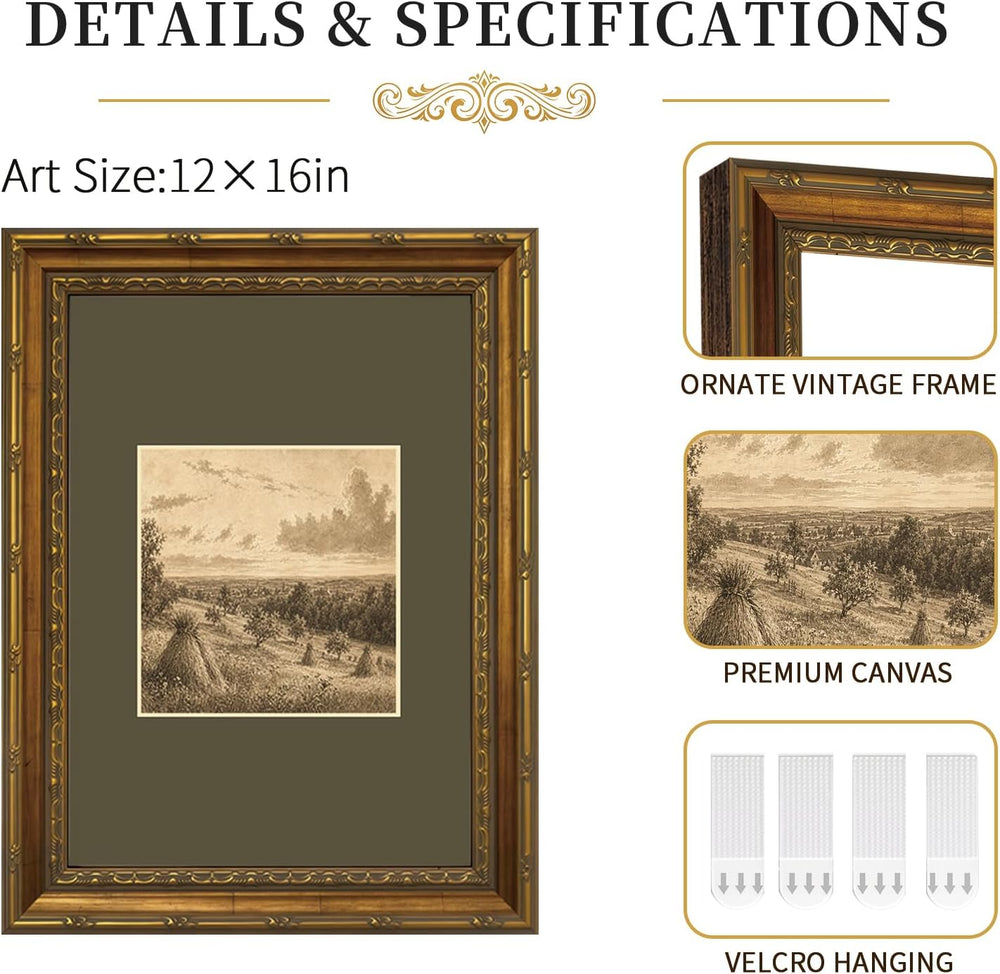 Haystacks in Countryside Wall Art, Vintage Sepia Framed Canvas,12 x 16 In