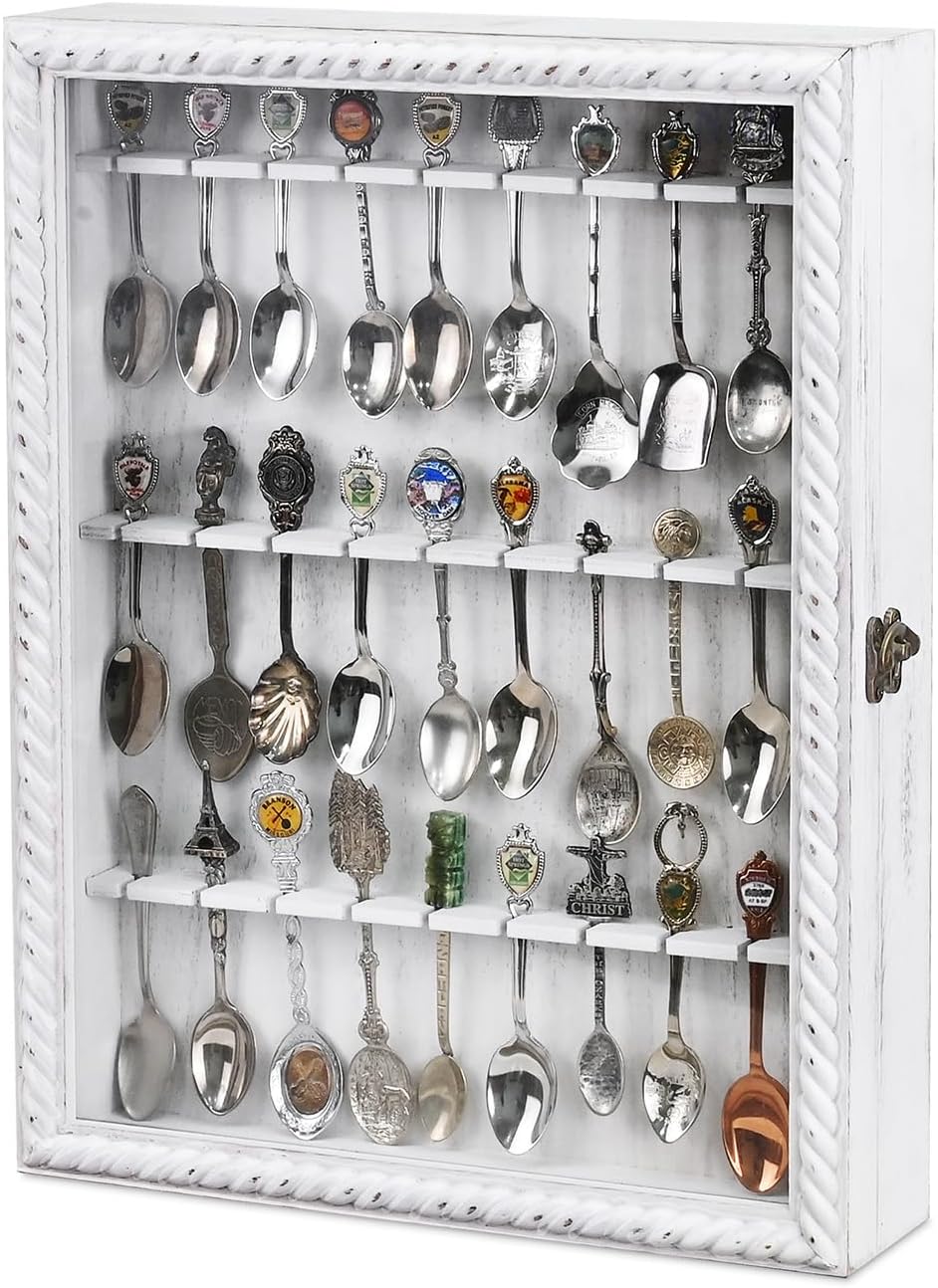 Ikee Design Wooden 30-Souvenir Spoon Display Case Cabinet, Wall-Mounted Tea S...