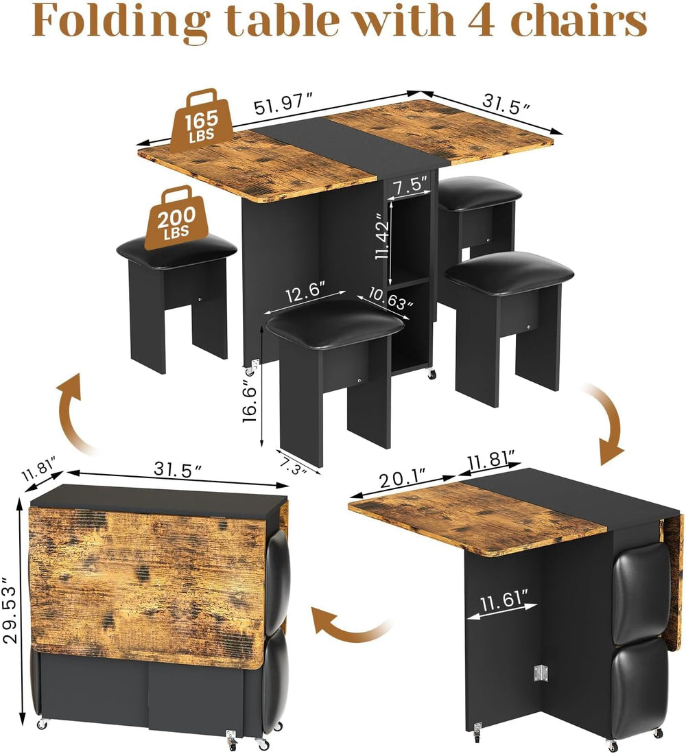 furlinkhm Folding Dining Table Set for 4, Dinner Table with 4 Leather Chairs ...