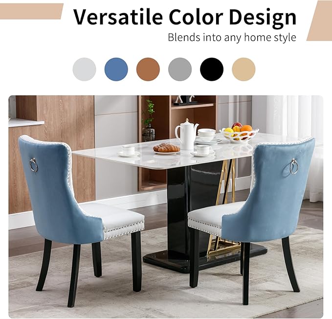 Modern Dining Chairs Set of 6, Tufted Upholstered Dining Chair with Solid Wood Legs, Velvet and Leather Dining Chairs, Sillas de Comedor, Comfy Kitchen Chair (White+Light Blue, 6Pcs)