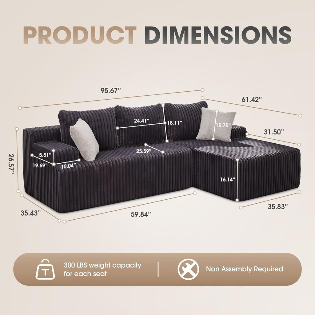 Hobestluk Boneless Couch Modular Sectional Sofa L-Shape Cloud Couch Lounge | 96" Right Facing Chaise Darkgrey,Memory Foam,Removable Cover,Non-slip Bottom,No Assemble Required,Furniture for Small Home