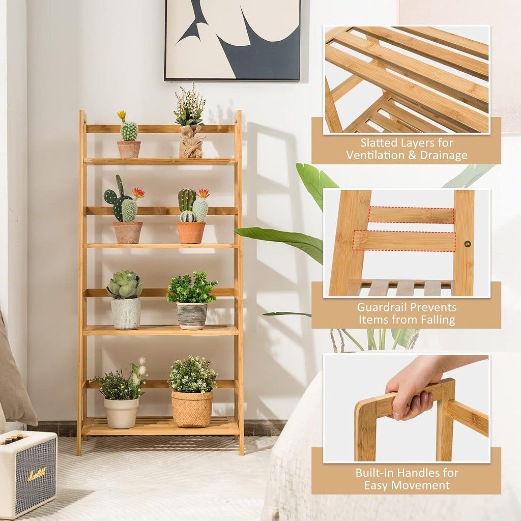 Giantex Ladder Shelf, 4 Tier Bamboo Ladder Bookshelf, 48’’ Tall Freestanding Bookcase Storage Rack Plant Stand for Living Room, Balcony, Office, Bedroom, Farmhouse Wooden Ladder Bookshelf, Natural