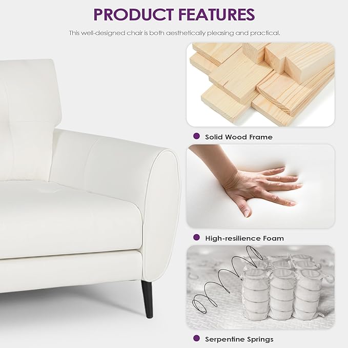 TYBOATLE Mid Century Modern White Leather Couch - 61" Loveseat, Tufted, Comfy 2 Seat Settee for Living Room or Office, Fits Small Spaces, Easy Assembly (2, White)