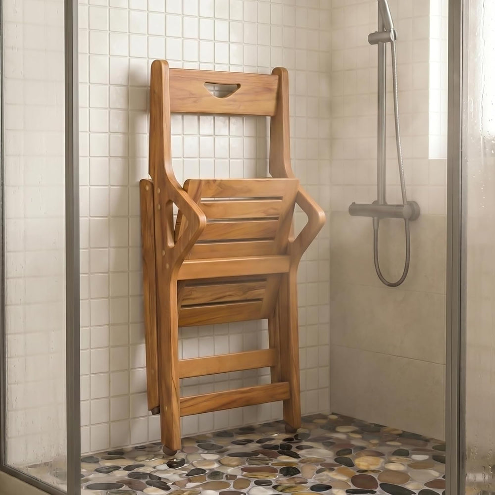 Folding Teak Shower Chair, Back & Armrests, 350lb Nonslip Senior Safety