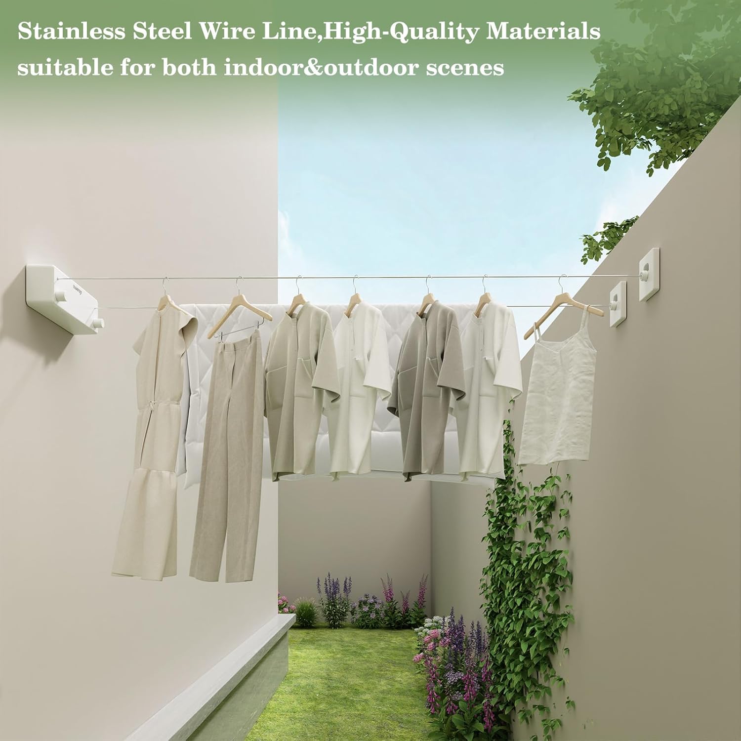 Danpoo Retractable Clothesline, 2x13.8ft Stainless Steel Clothes Line for Indoors/Outdoors, Wall-Mounted Laundry Drying with Auto-Lock, Heavy Duty(White)