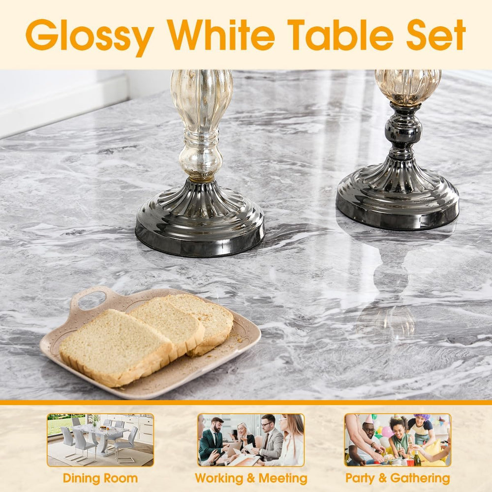 JUFU 7-Piece Dining Table Set for 6, 63-Inch Faux Marble, Light Grey