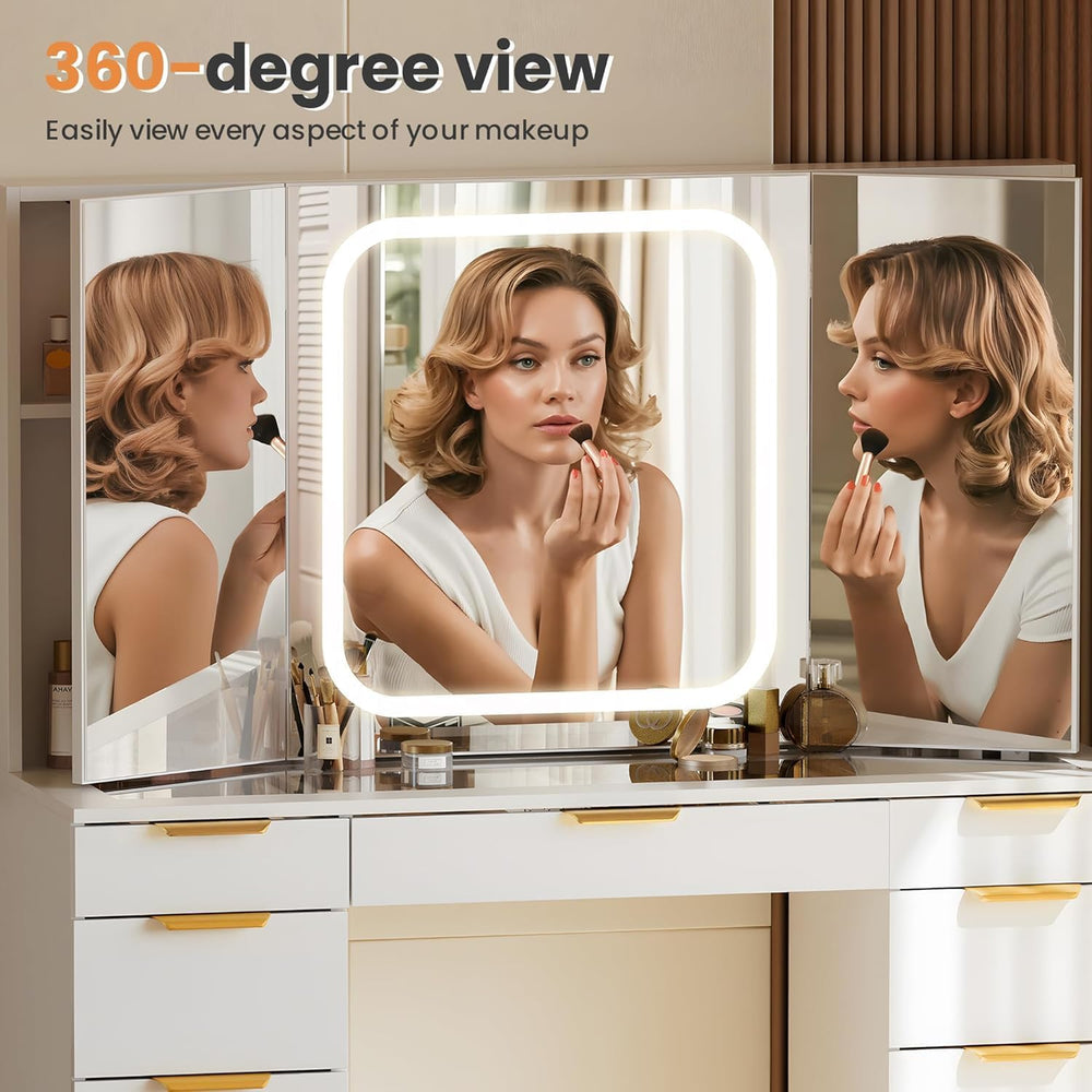 Pamapic Glass Top Vanity Desk with Foldable Mirror, 11 Drawers Makeup Vanity ...