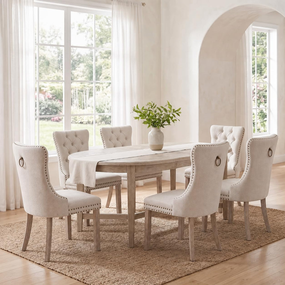 Modern Beige Upholstered Dining Chairs Set of 6 with Solid Wood Legs