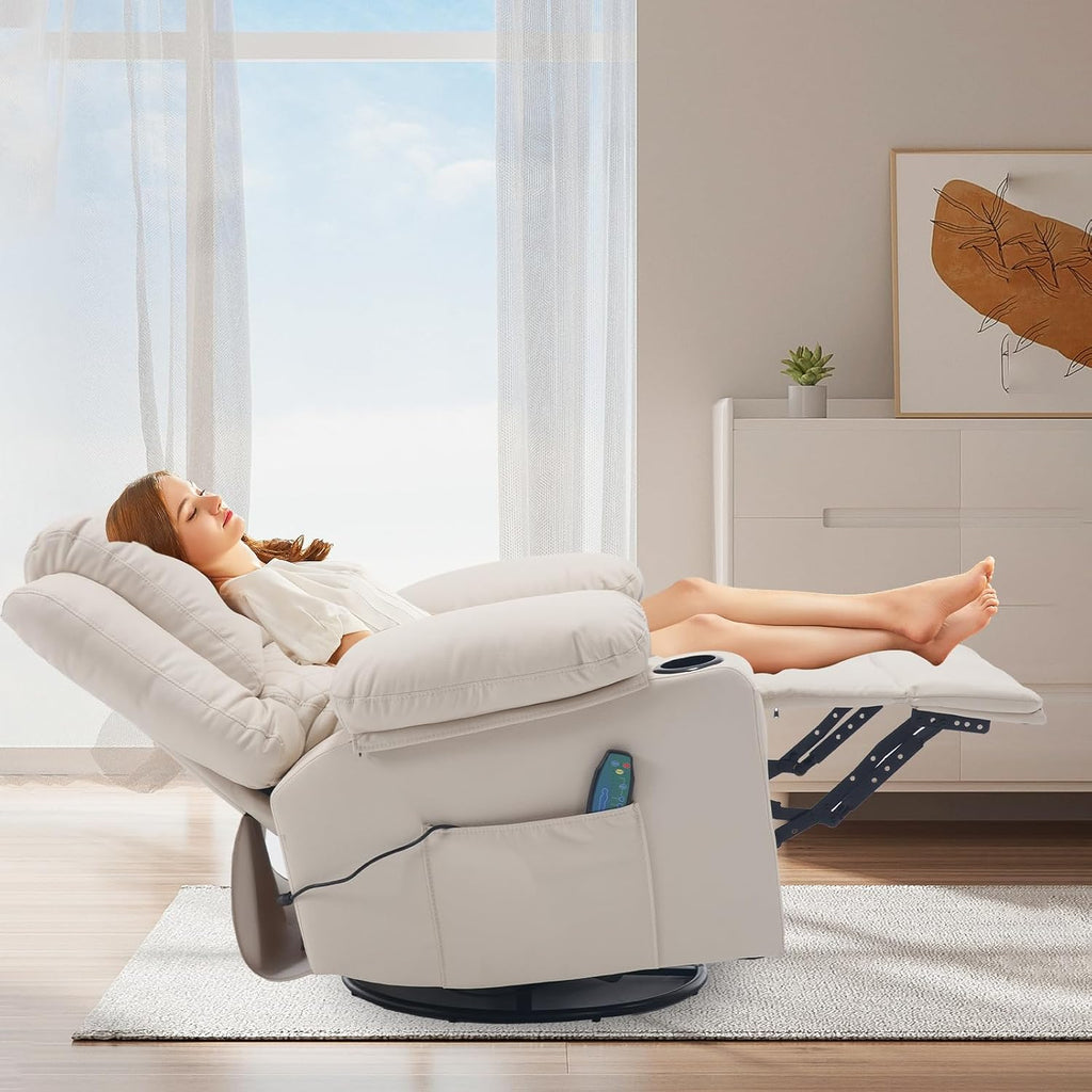 Leather Swivel Rocker Recliner Massage Nursery Rocking Glider Chair, White | Wide Seat, Overstuffed, Cup Holders, Faux Leather, Living Room Lounge Chair