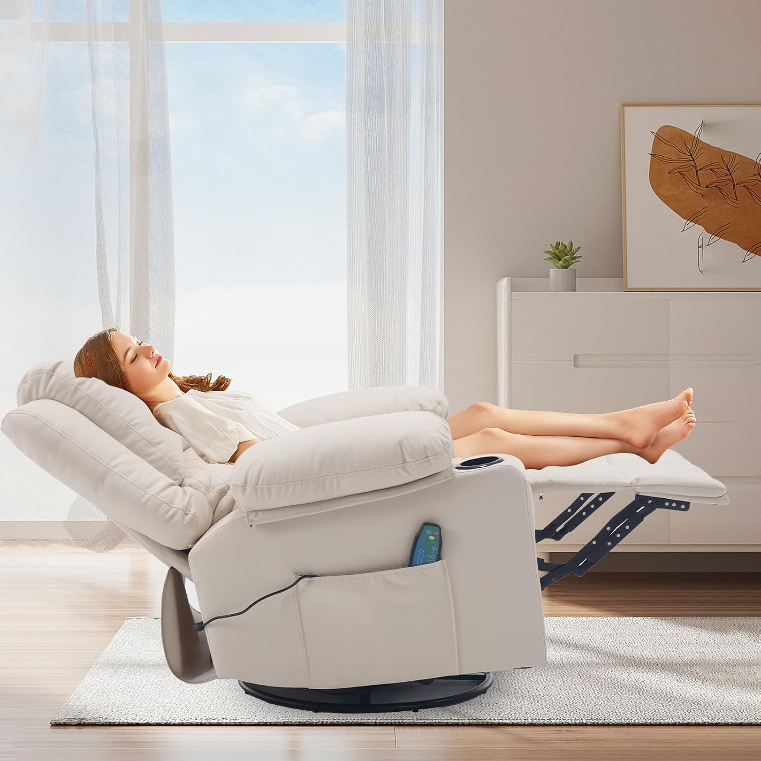Leather Swivel Rocker Recliner Massage Nursery Rocking Glider Chair, White | Wide Seat, Overstuffed, Cup Holders, Faux Leather, Living Room Lounge Chair