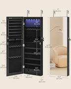 SONGMICS Hanging Jewelry Cabinet, Wall-Mounted Cabinet with LED Interior Lights, Door-Mounted Jewelry Organizer, Full-Length Mirror, Christmas Gift Idea, Ink Black UJJC099B01