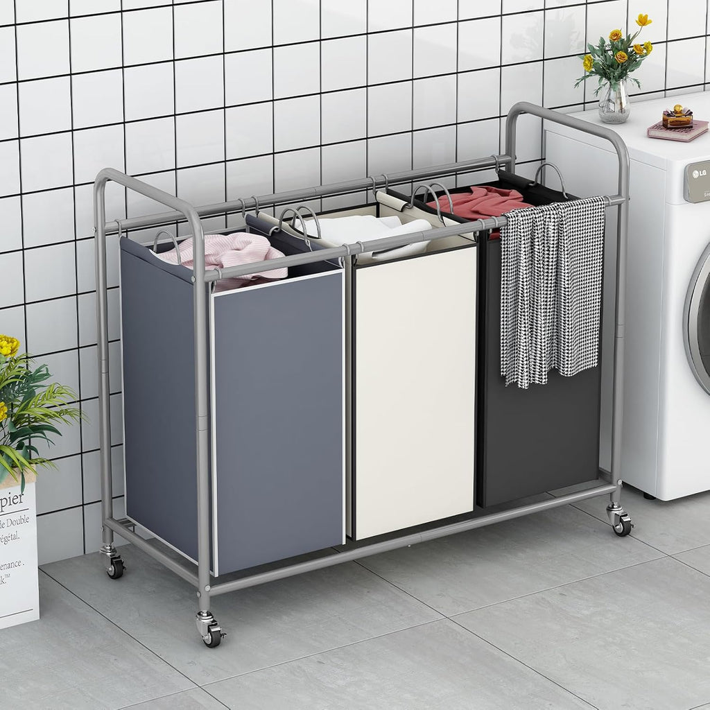 LINZINAR 3-Bag Laundry Basket Sorter Laundry Hamper Cart with Heavy Duty Rolling Lockable Wheels and Removable Bags (Assorted)