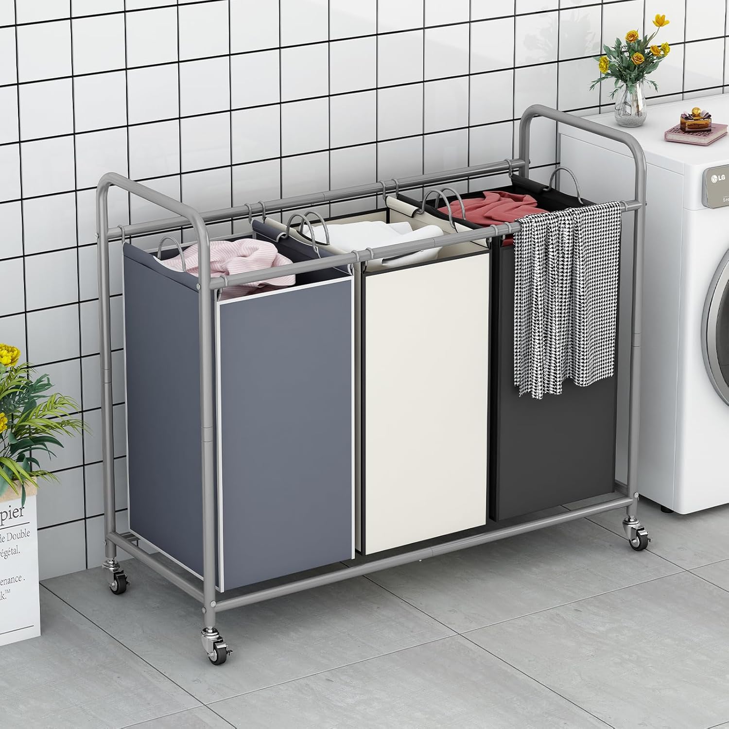 LINZINAR 3-Bag Laundry Basket Sorter Laundry Hamper Cart with Heavy Duty Rolling Lockable Wheels and Removable Bags (Assorted)