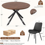 47.2" 5-Piece Round Dining Table Set for 4, Modern Wood Dining Table with 4 Upholstered Chairs, Kitchen & Dining Room Table Set with Metal Base for Apartment, Small Space, Walnut Table+4 Balck Chairs