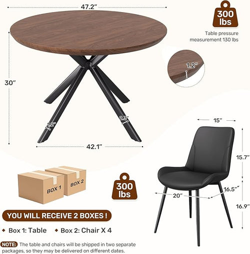 47.2" 5-Piece Round Dining Table Set for 4, Modern Wood Dining Table with 4 Upholstered Chairs, Kitchen & Dining Room Table Set with Metal Base for Apartment, Small Space, Walnut Table+4 Balck Chairs
