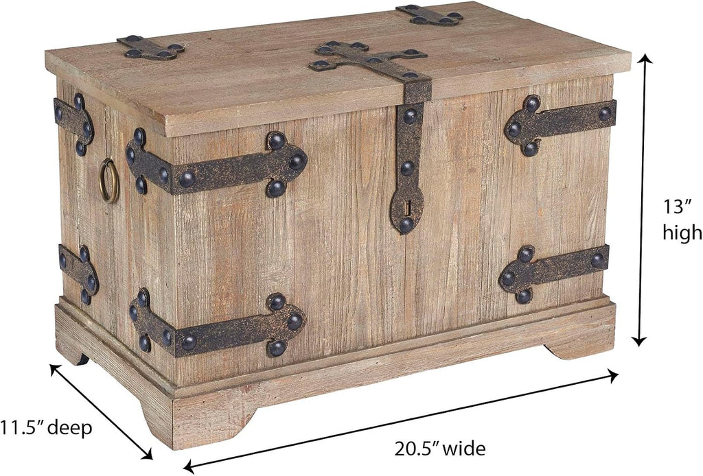Household Essentials Decorative Trunk, Victorian, Small, Chinese Fir Wood, Aged-Wood Finish with Metal Accents, Fully Opening Lid, Stout Design, Ring Handles