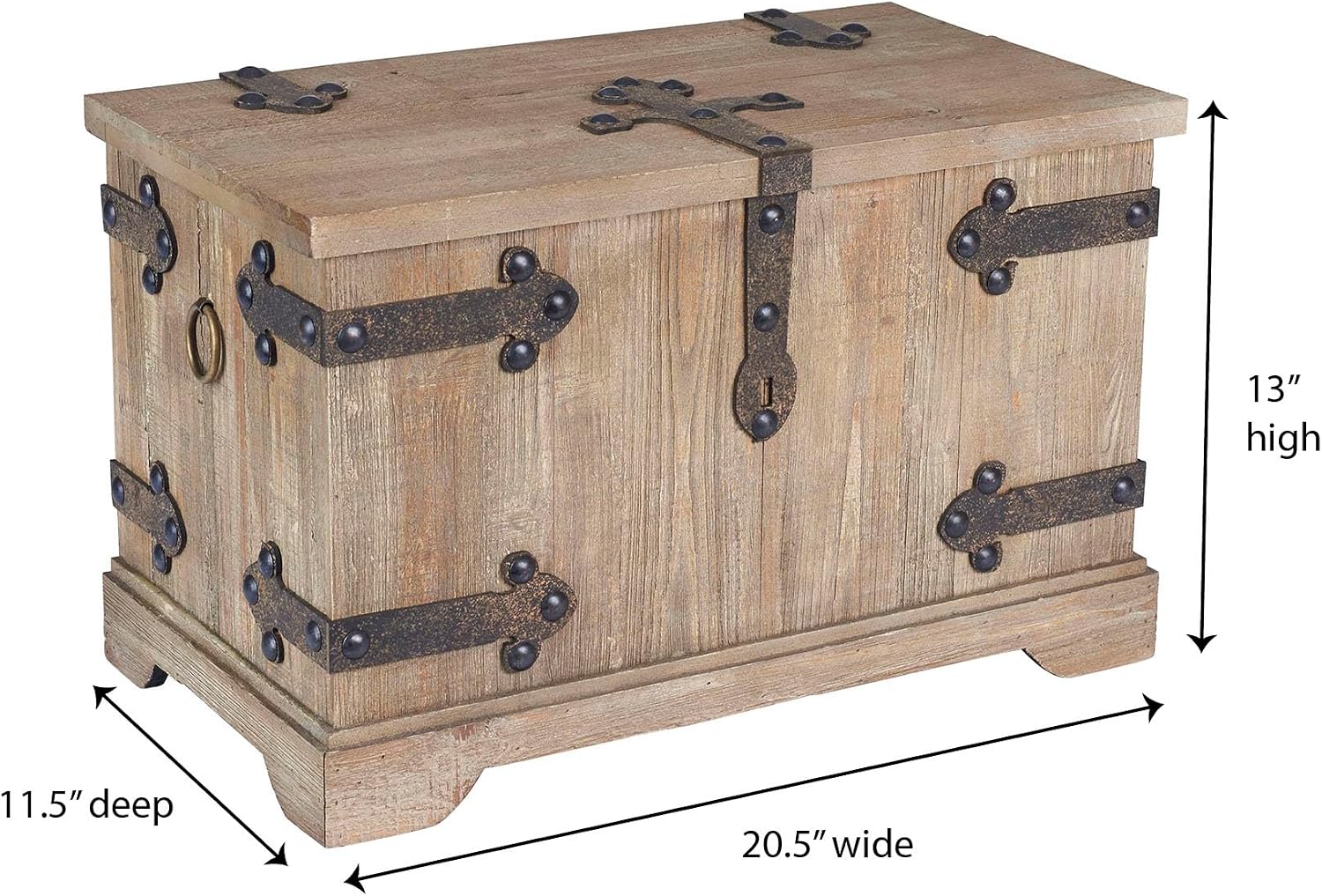 Household Essentials Decorative Trunk, Victorian, Small, Chinese Fir Wood, Aged-Wood Finish with Metal Accents, Fully Opening Lid, Stout Design, Ring Handles