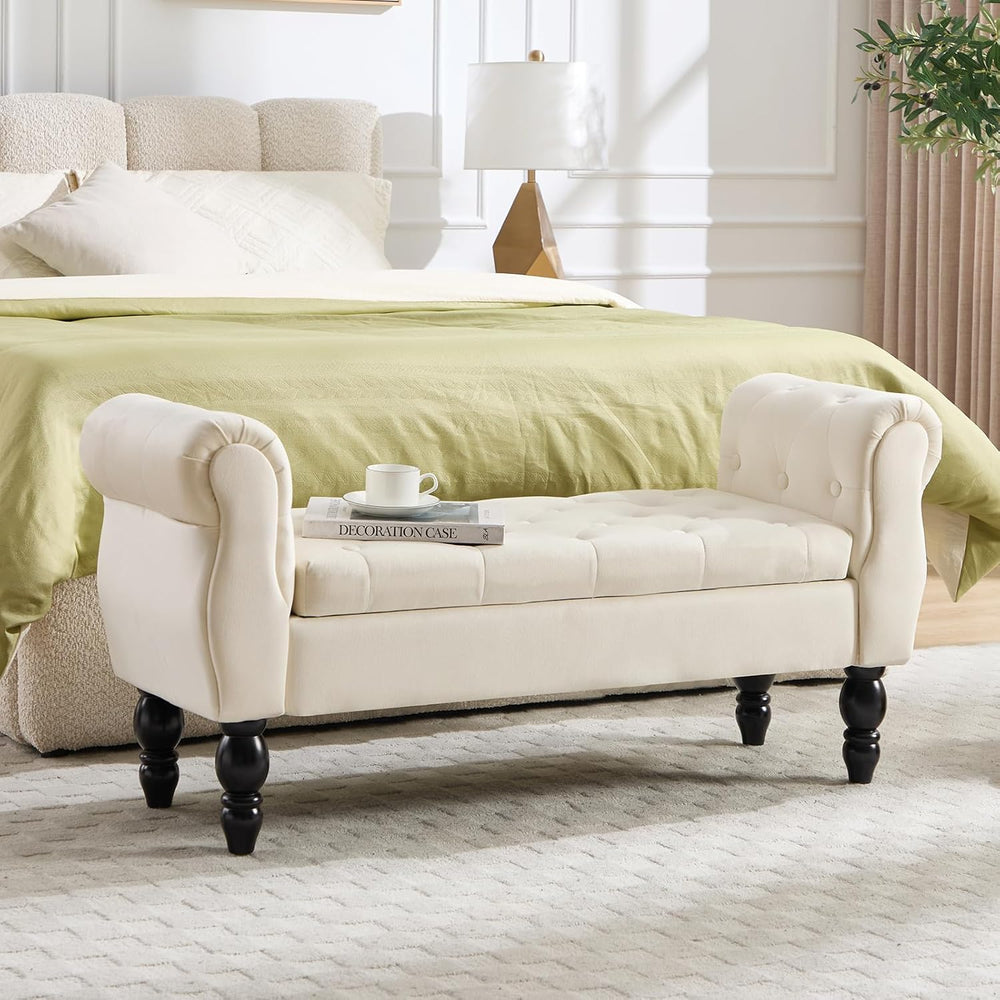 47.6" Storage Bench for End of Bed Bedroom, Velvet Ottoman Bench with Ar...