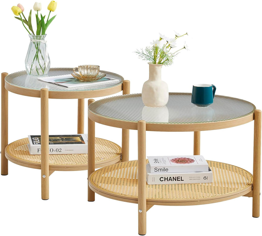 Boho Rattan Coffee Table Set of 2, Round Glass Living Room Table Set | Temper...