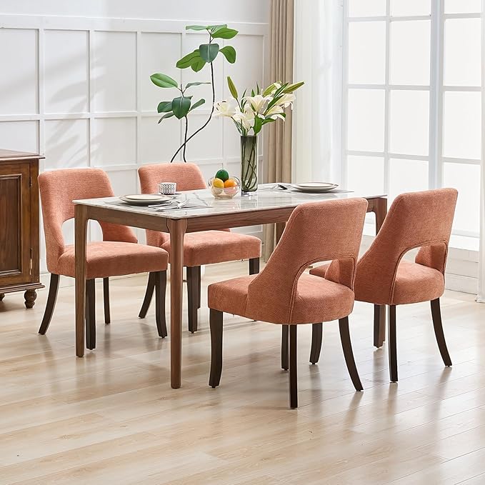 UVV Wooden Dining Chairs Set of 4, Mid Century Modern Upholstered Dining Room Chair Kitchen Chairs, Chenille Dinner Chair with Solid Wood Legs for Kitchen Dining Room, Orange