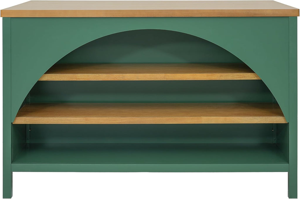 Christopher Knight Home Elle 56" Kitchen Island with Open Storage, Farmhouse Rubberwood Kitchen Island Table with Arch Detail, Storage Cabinet with 3 Open Shelves, Kitchen Prep Table, Green+Natural