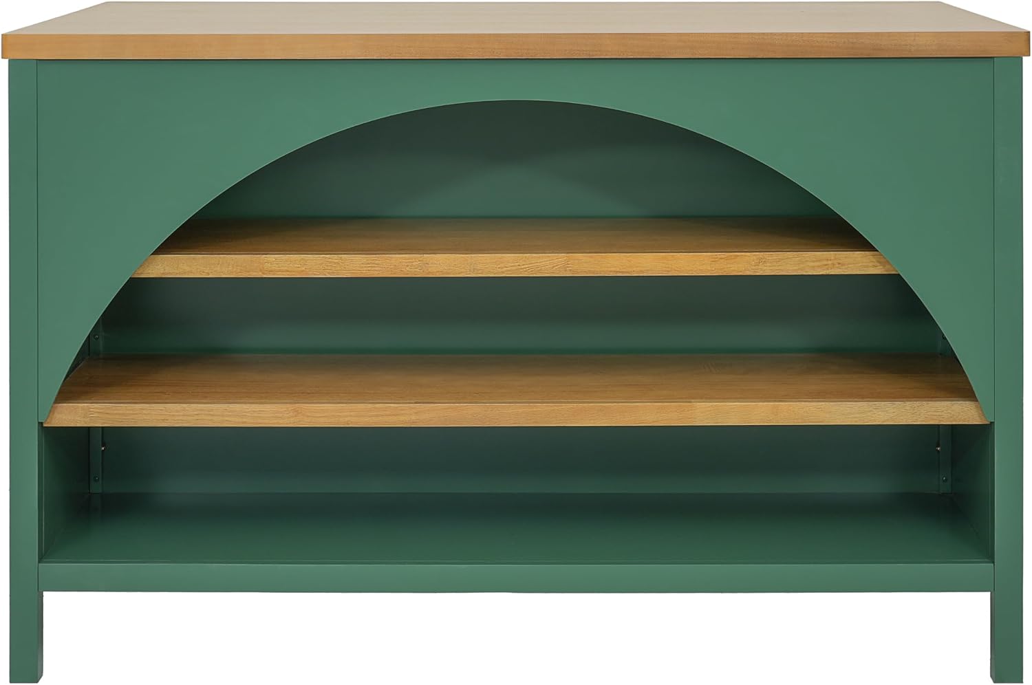 Christopher Knight Home Elle 56" Kitchen Island with Open Storage, Farmhouse Rubberwood Kitchen Island Table with Arch Detail, Storage Cabinet with 3 Open Shelves, Kitchen Prep Table, Green+Natural