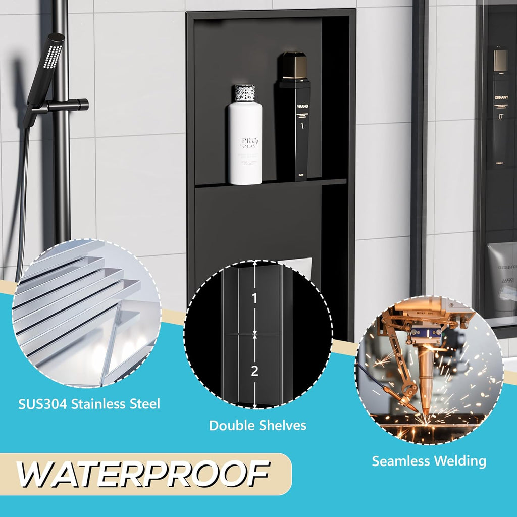 Stainless Steel Shower Niche 24" X 12", No Tile Needed Wall Niche Double Shelves, Recessed Shower Shelf for Bathroom Storage, Matte Black