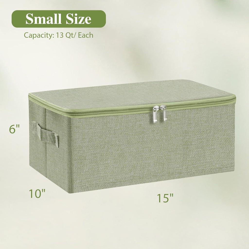 ANMINY Fabric Storage Bins with Zipper Lids, 15"x10"x6", Green, 1 PCS | 15.6Qt Cotton Linen Storage Box, PP Board Frame, Washable Collapsible, with Handles & 3-side Open Lid, Stackable, Small