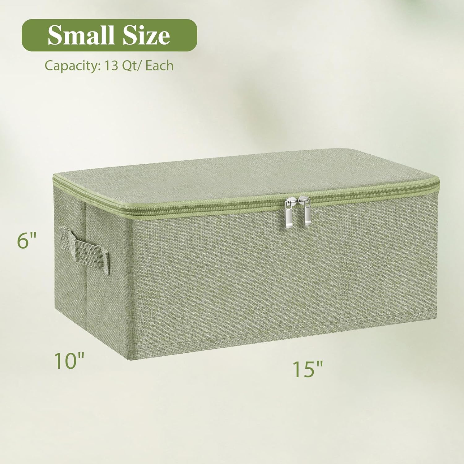 ANMINY Fabric Storage Bins with Zipper Lids, 15"x10"x6", Green, 1 PCS | 15.6Qt Cotton Linen Storage Box, PP Board Frame, Washable Collapsible, with Handles & 3-side Open Lid, Stackable, Small