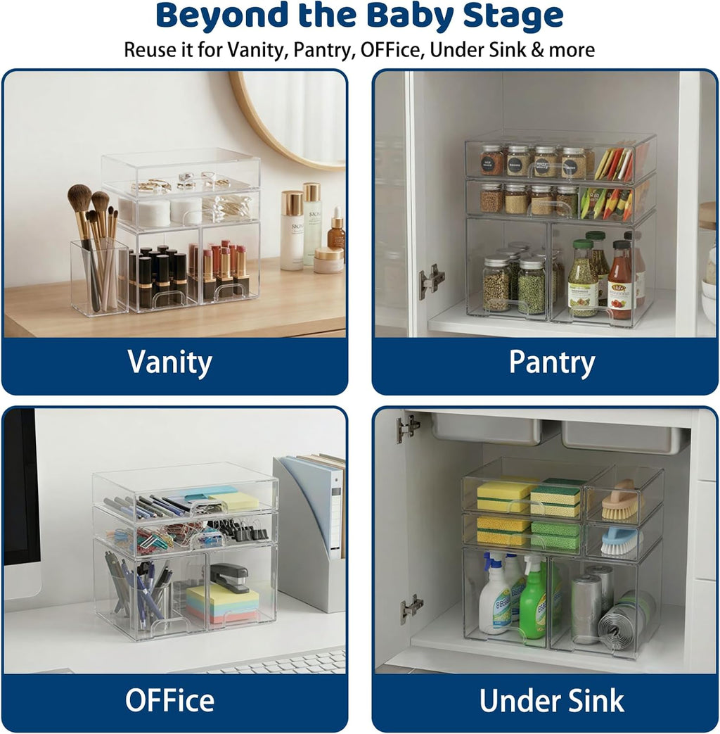 Baby Bottle Organizer Stackable, 4 Pack Clear Stackable Storage Drawers with 3 Stickers & 1 Pen, for Stationery, Cosmetics, Bathroom, Vanity, Countertop & Cabinet ((7.7’’ and 3.4’’Tall)