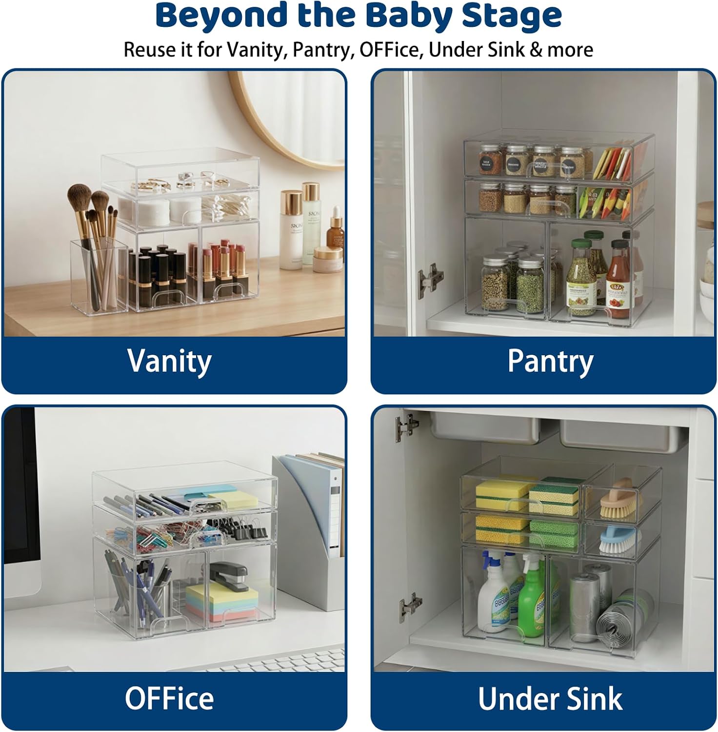 Baby Bottle Organizer Stackable, 4 Pack Clear Stackable Storage Drawers with 3 Stickers & 1 Pen, for Stationery, Cosmetics, Bathroom, Vanity, Countertop & Cabinet ((7.7’’ and 3.4’’Tall)