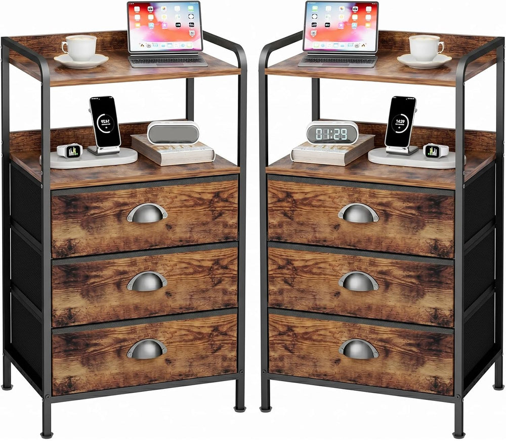 Night Stand Set 2, Nightstand with 3 Fabric Drawers and 2-Tier Shelf, Small D...