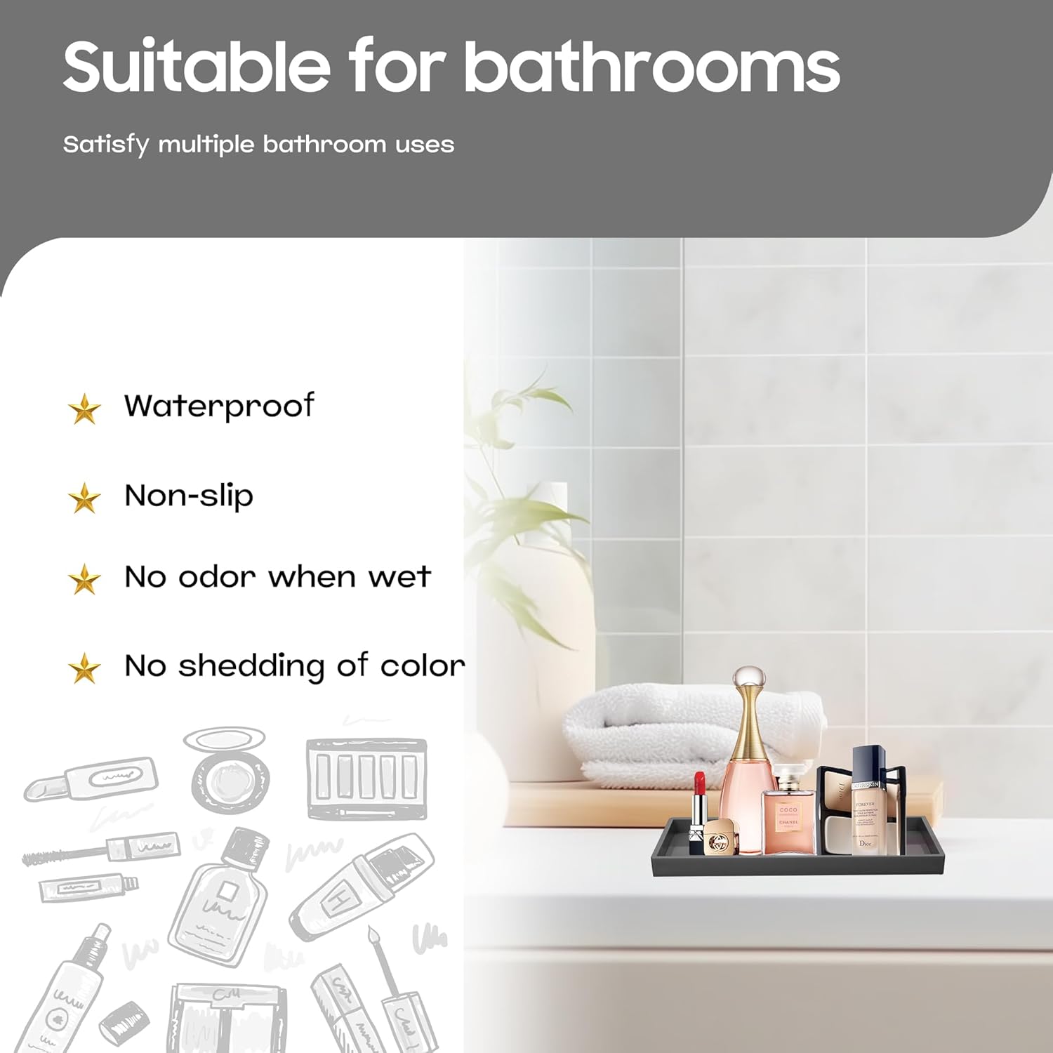 Vanity and Bathroom Tray, 7.7" ABS Countertop Organizer,Waterproof Vanity Tray for Toilet Tank,Perfume,Soap,Keys,Bathroom Accessories,Kitchen and Bath Trays,Non Slip Small Trays,Black