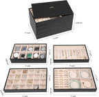 Voova Stackable Jewelry Organizer Tray with Lid, PU Leather Jewelry Storage Holder for Drawer Inserts, Jewellery Display Box Case for Earring Necklace Ring Watch Bracelet (Set of 4, Black)